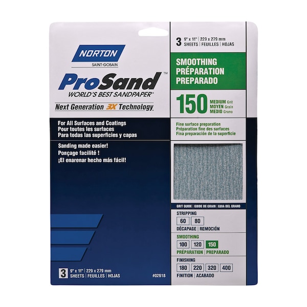 Norton Abrasives Norton ProSand 11 in. L X 9 in. W 150 Grit Aluminum Oxide Sandpaper 3 pk 7660768160 - main